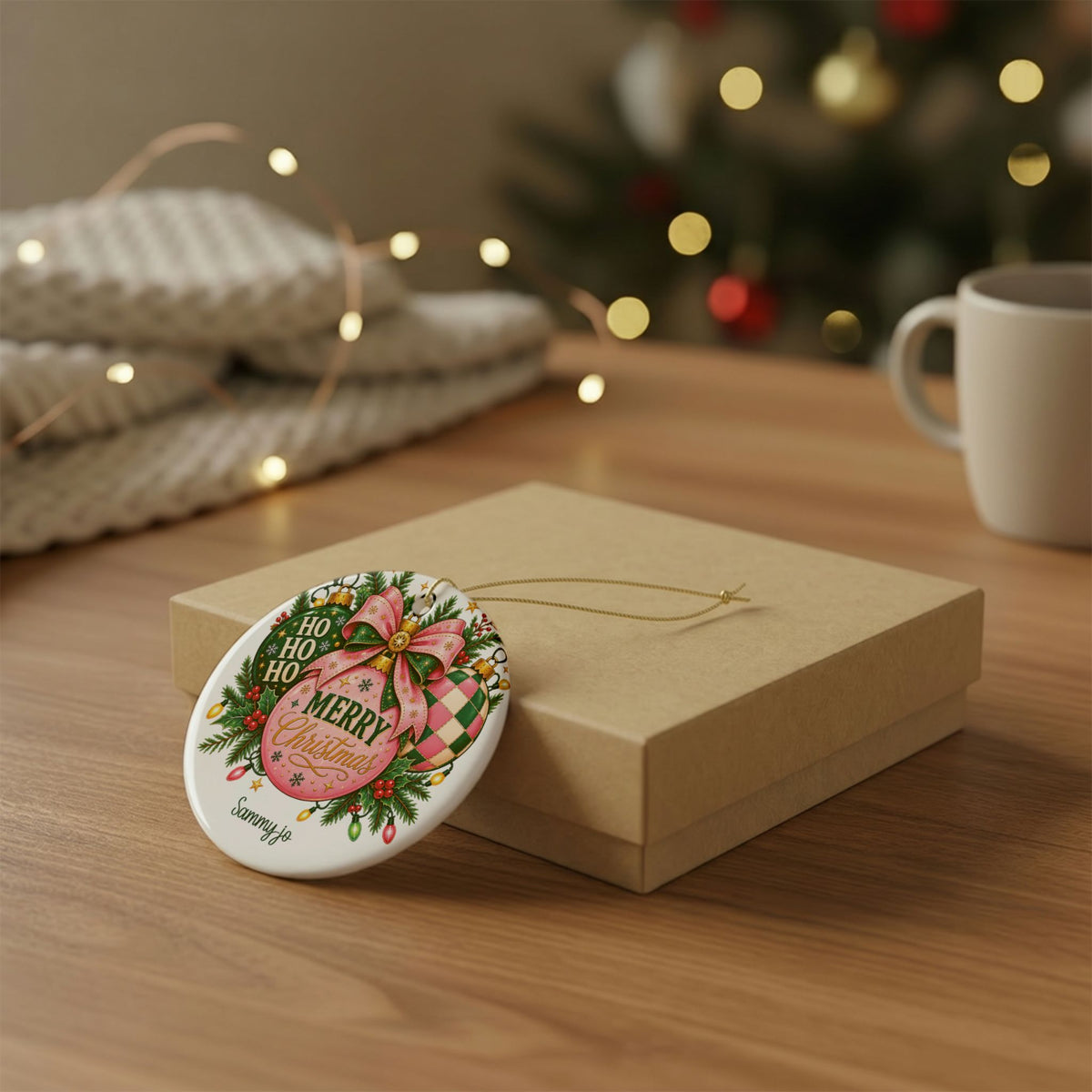 Personalized pink Christmas name ornament resting on a kraft gift box beside a mug and knit throw