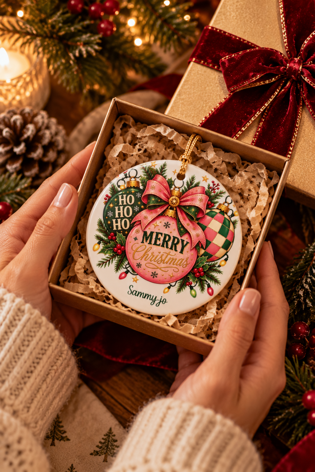 Hands holding the personalized Pink Christmas Bow ornament in its open gift box