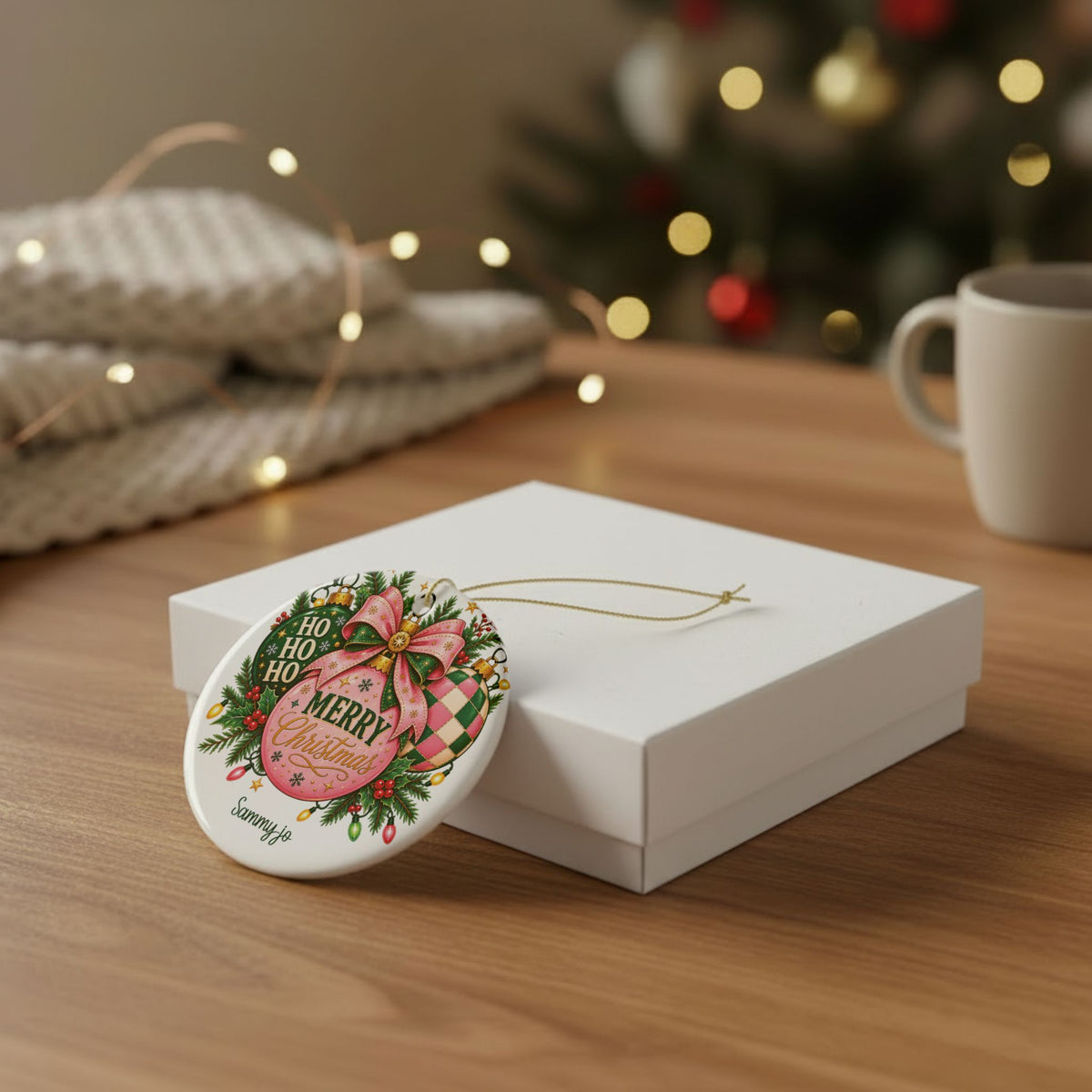 Pink Christmas Bow ornament leaning against a white gift box on a wooden table