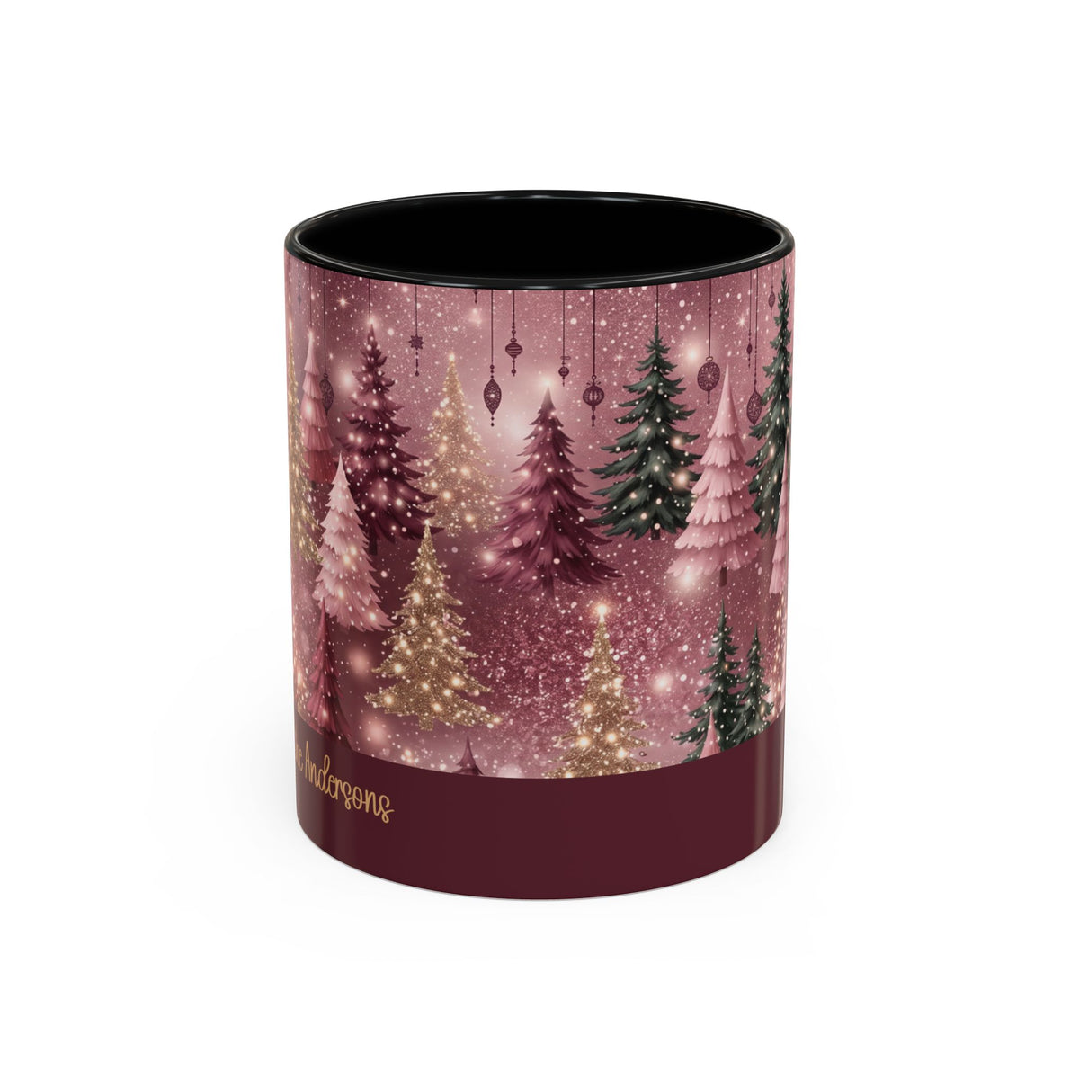 Black personalized Pink Christmas Forest mug, 11oz, front view