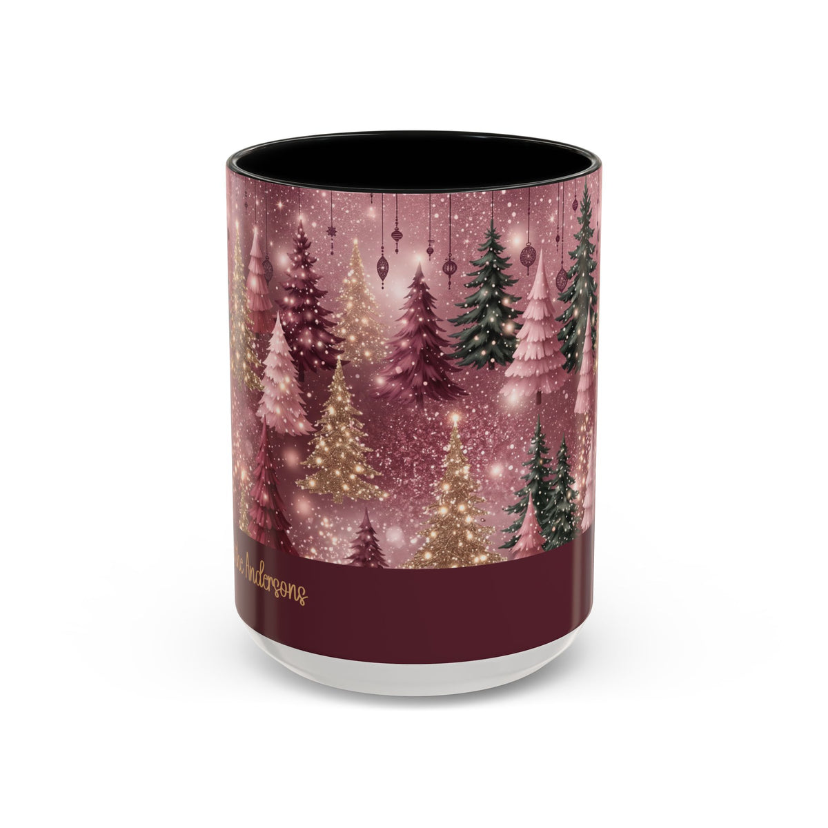 Black personalized Pink Christmas Forest mug, 15oz, front view