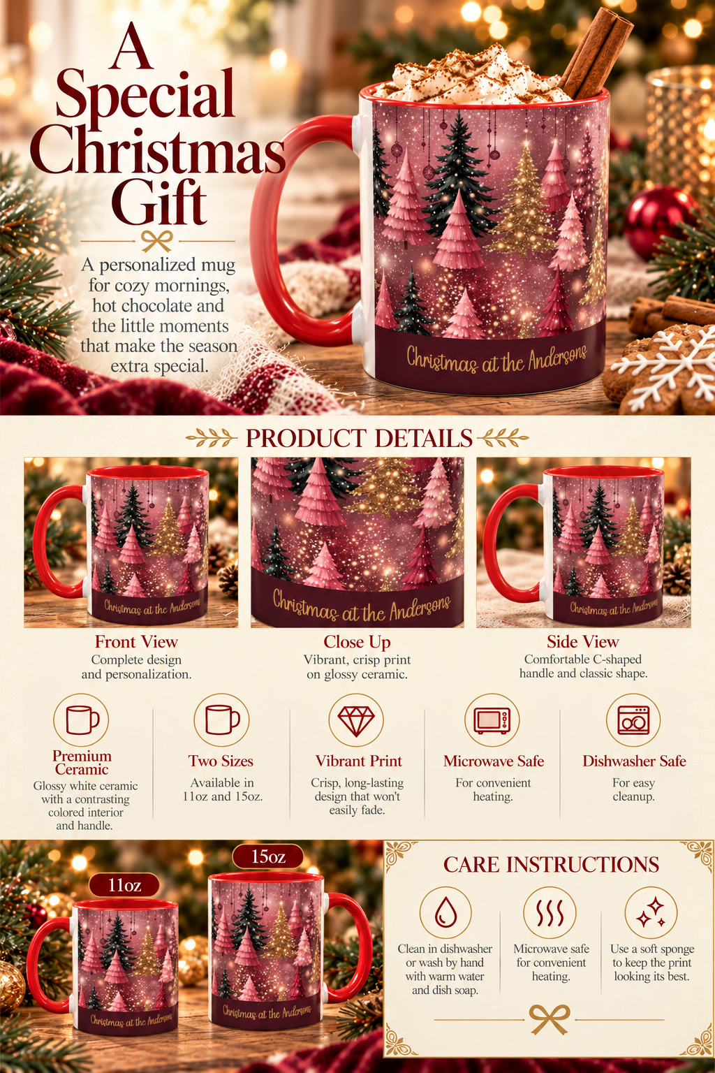 Personalized Pink Christmas Forest mug infographic with sizes, features and care instructions