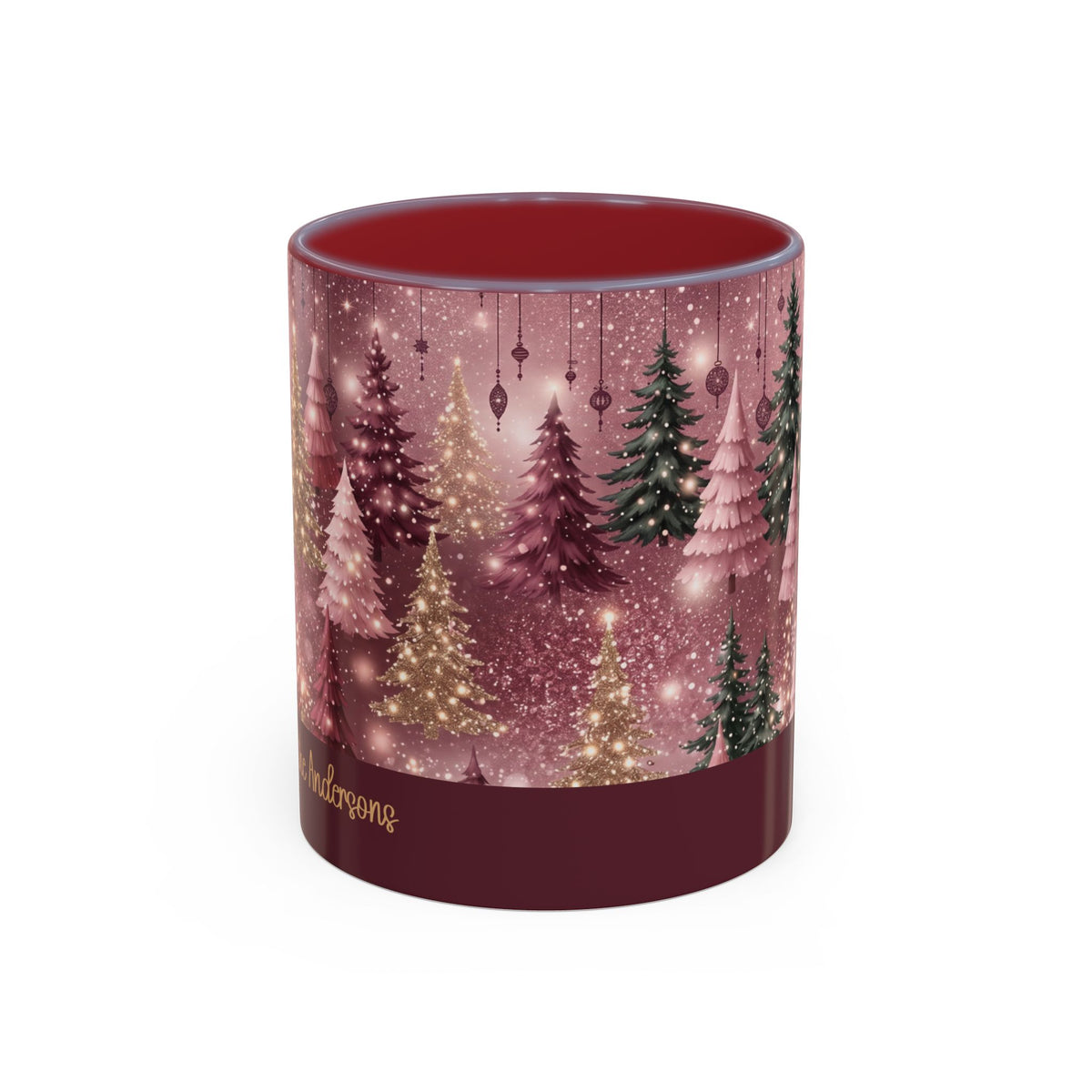 Maroon personalized Pink Christmas Forest mug, 11oz, front view