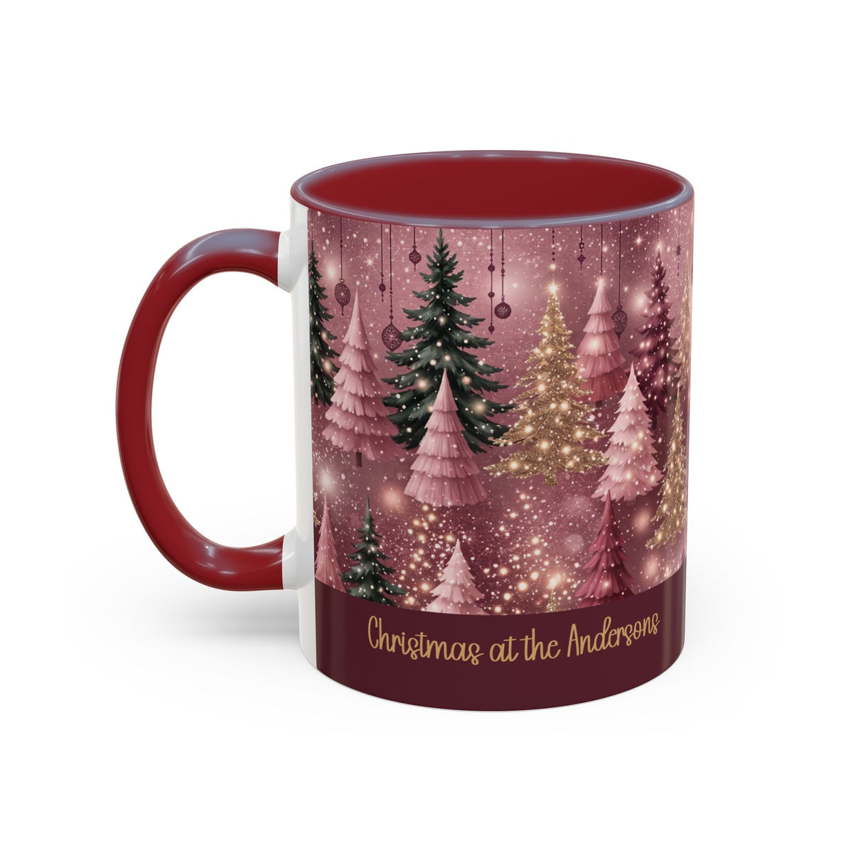Maroon personalized Pink Christmas Forest mug, 11oz, side view with handle on the left