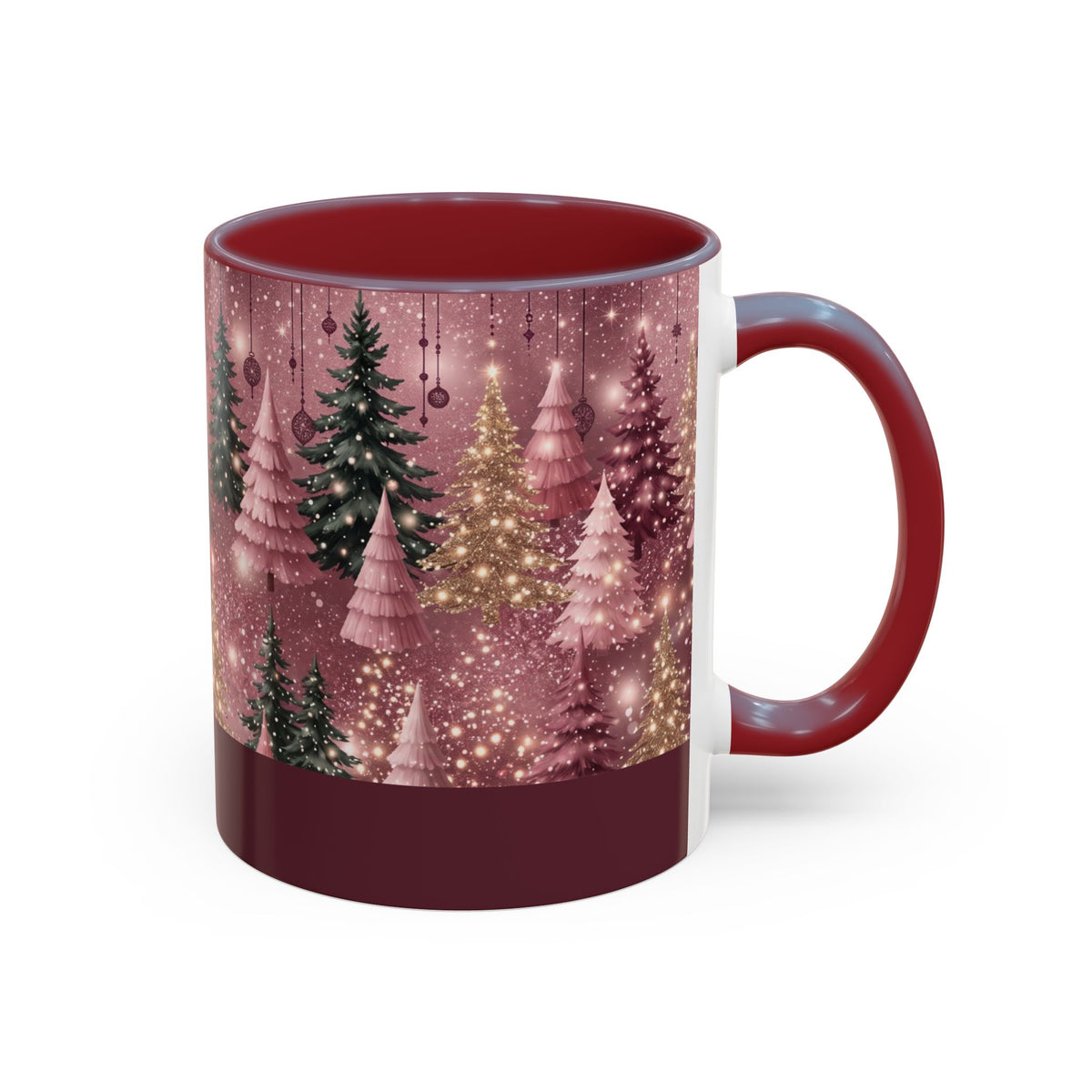 Maroon personalized Pink Christmas Forest mug, 11oz, side view with handle on the right