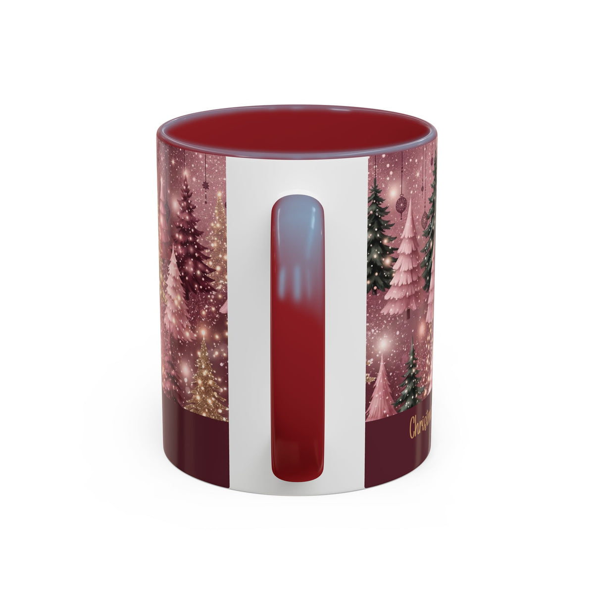 Maroon personalized Pink Christmas Forest mug, 11oz, handle view