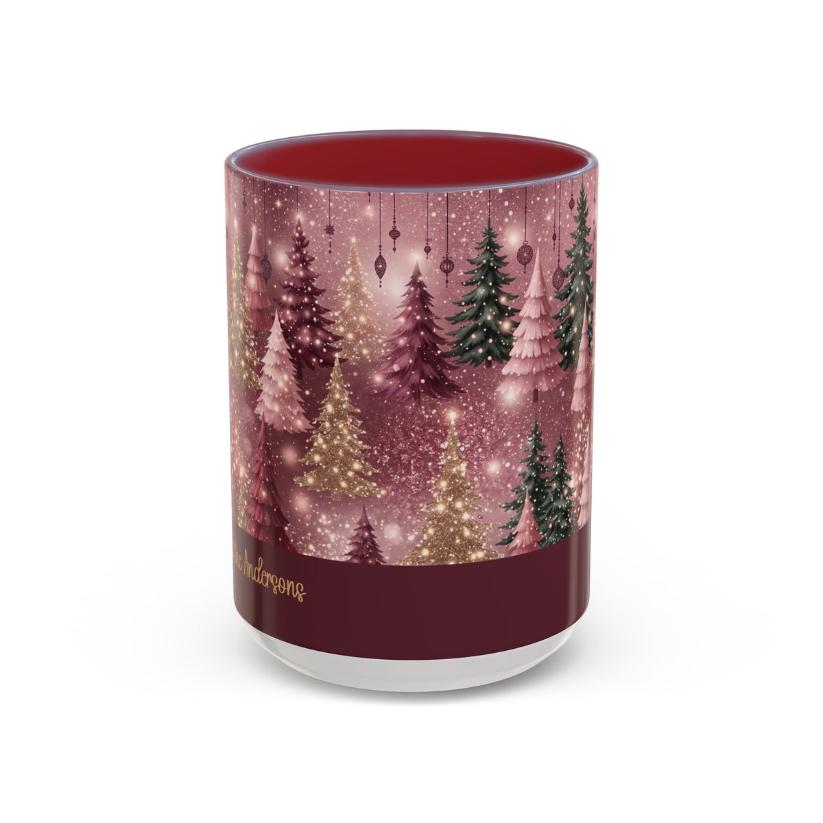 Maroon personalized Pink Christmas Forest mug, 15oz, front view