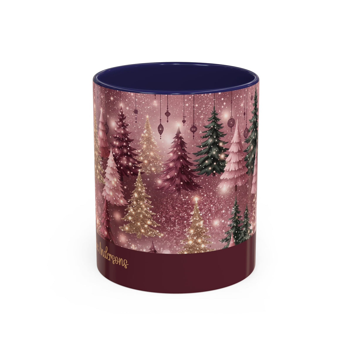 Navy personalized Pink Christmas Forest mug, 11oz, front view