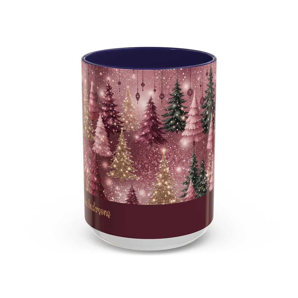 Navy personalized Pink Christmas Forest mug, 15oz, front view