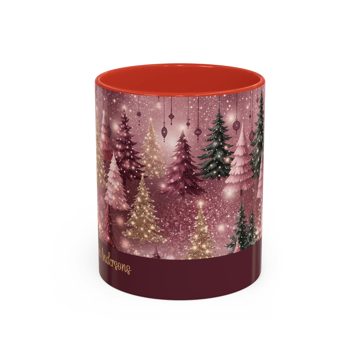 Red personalized Pink Christmas Forest mug, 11oz, front view