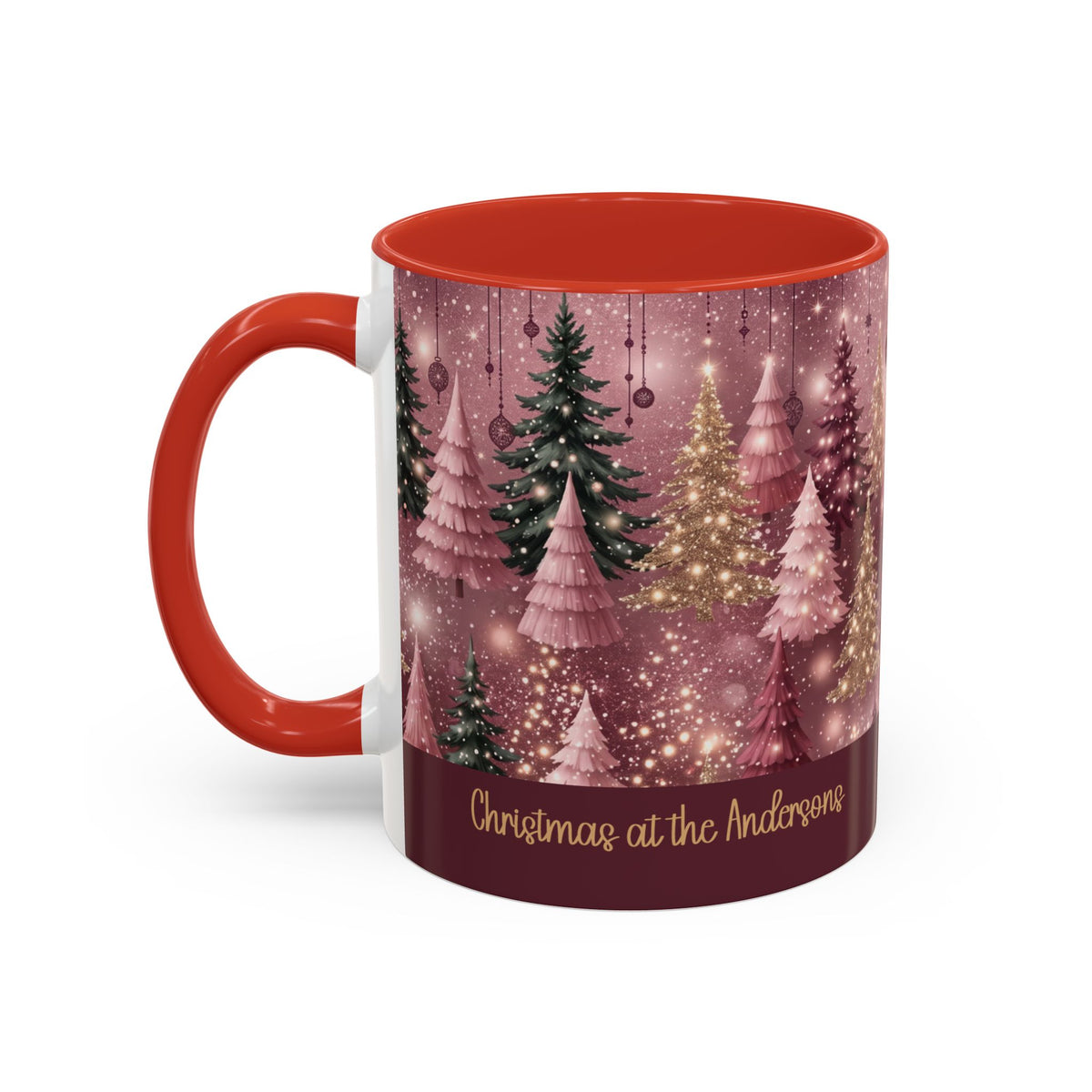 Red personalized Pink Christmas Forest mug, 11oz, side view with handle on the left