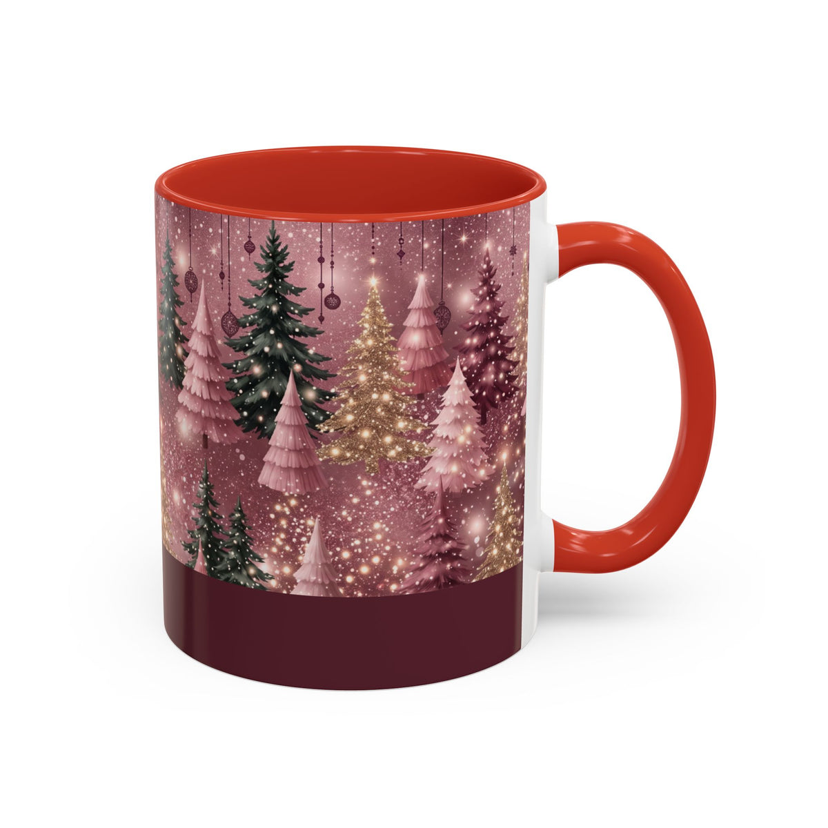 Red personalized Pink Christmas Forest mug, 11oz, side view with handle on the right