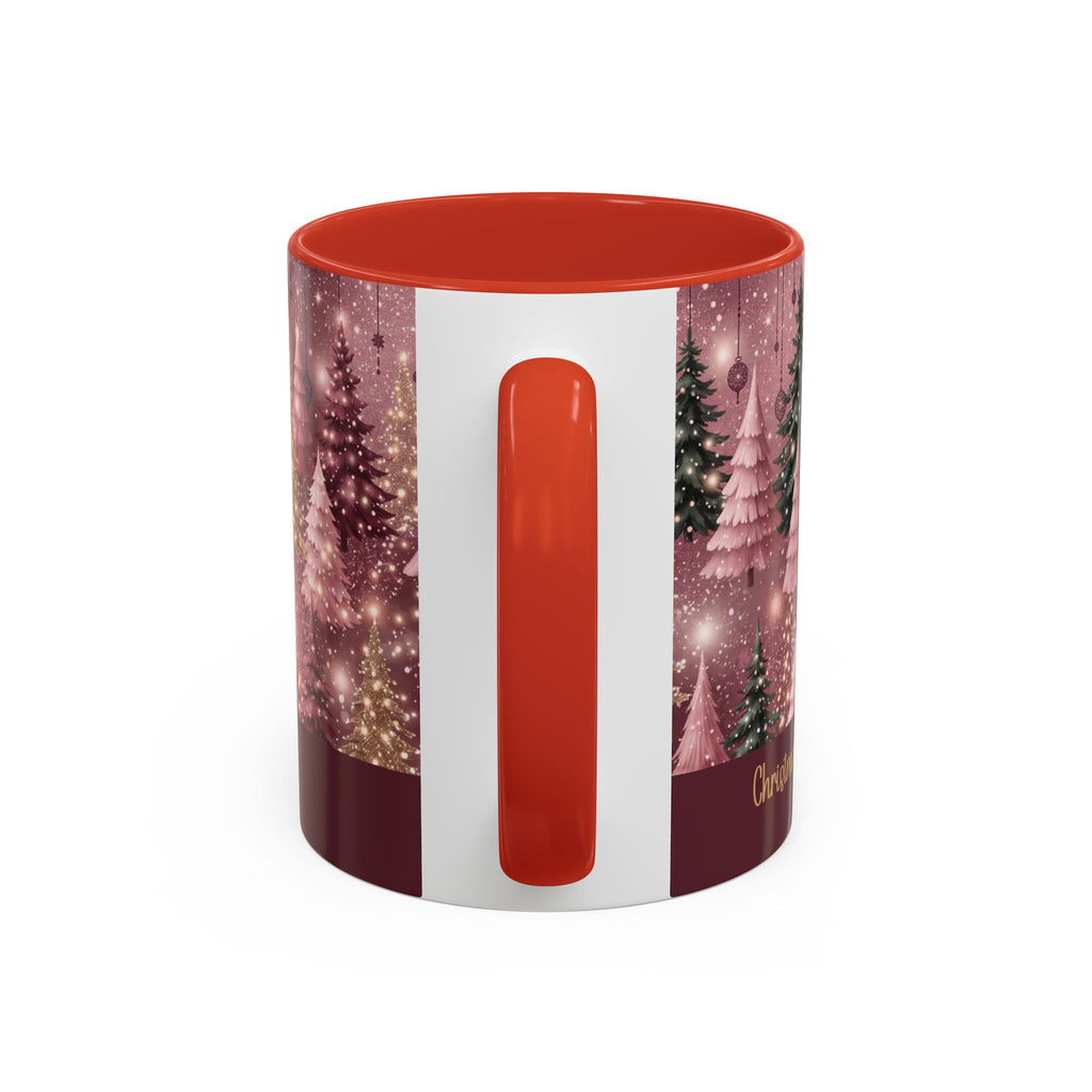 Red personalized Pink Christmas Forest mug, 11oz, handle view