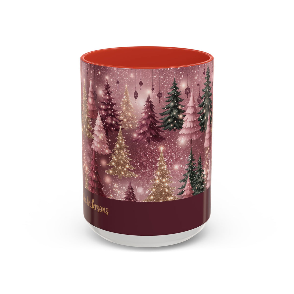 Red personalized Pink Christmas Forest mug, 15oz, front view