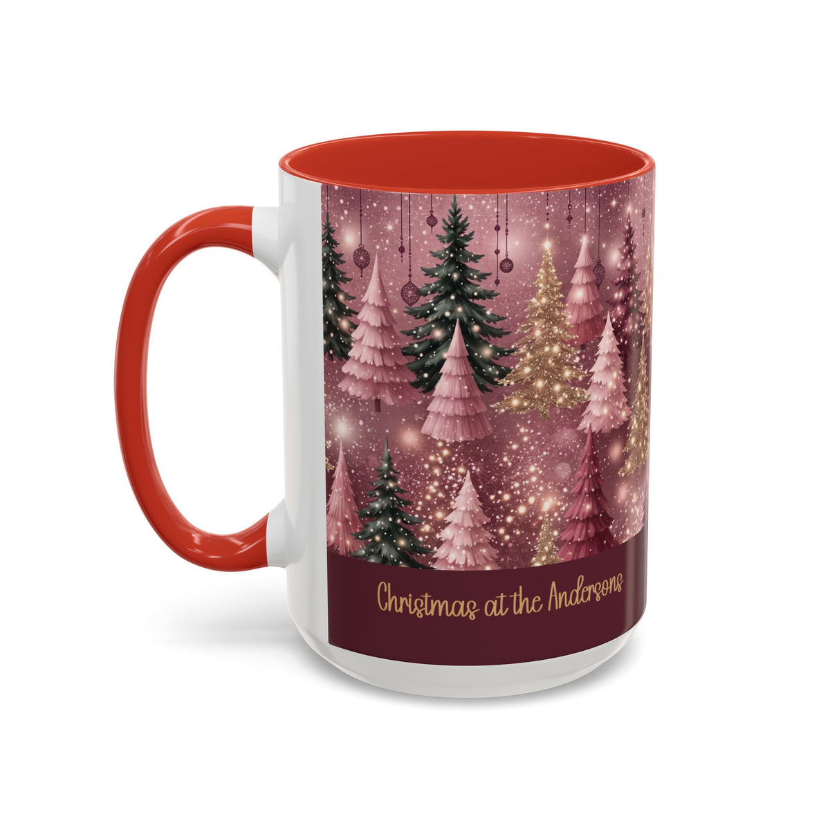 Red personalized Pink Christmas Forest mug, 15oz, side view with handle on the left