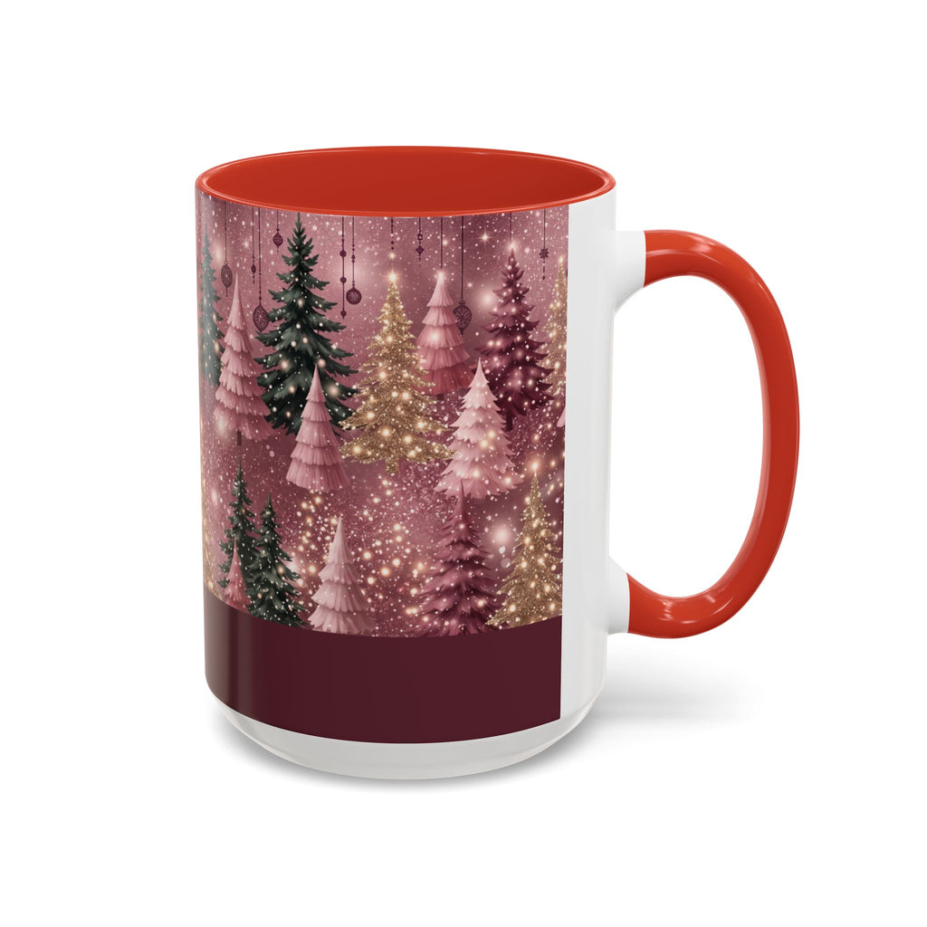 Red personalized Pink Christmas Forest mug, 15oz, side view with handle on the right