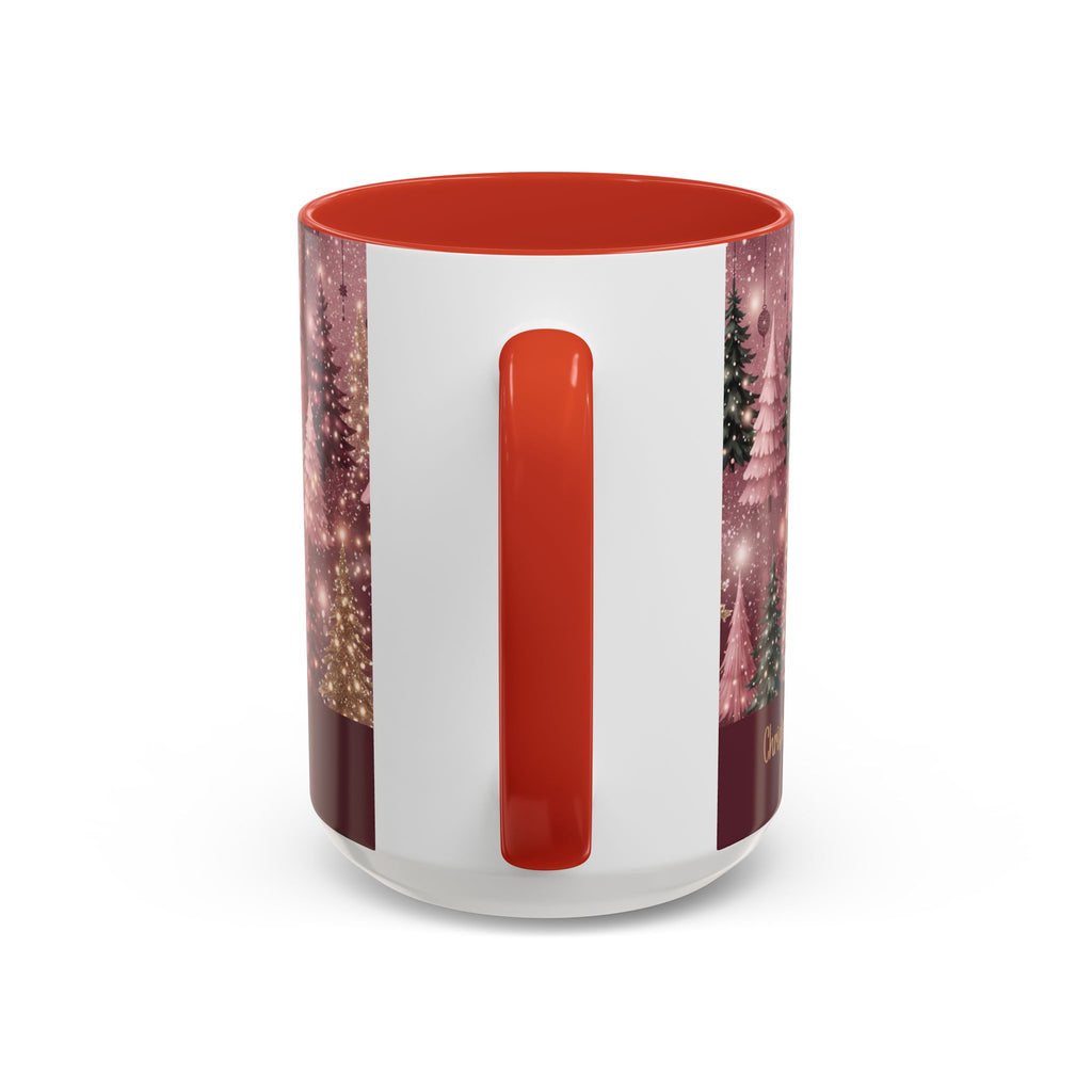 Red personalized Pink Christmas Forest mug, 15oz, handle view