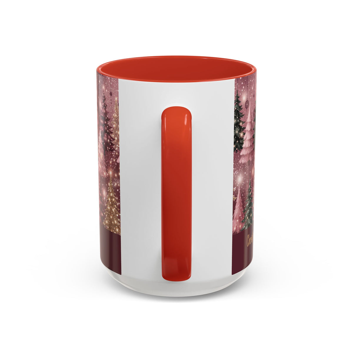 Red personalized Pink Christmas Forest mug, 15oz, handle view