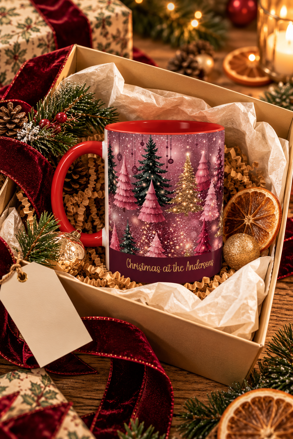 Red personalized Pink Christmas Forest mug in a Christmas gift box, lifestyle photo