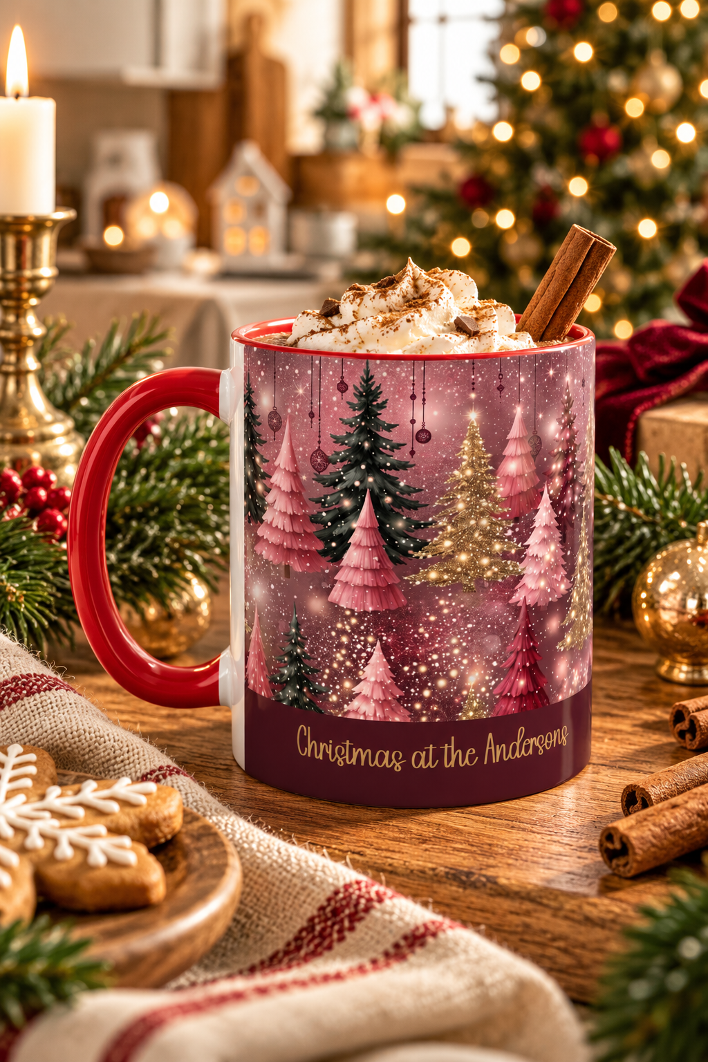 Red personalized Pink Christmas Forest mug with hot cocoa and Christmas treats, lifestyle photo