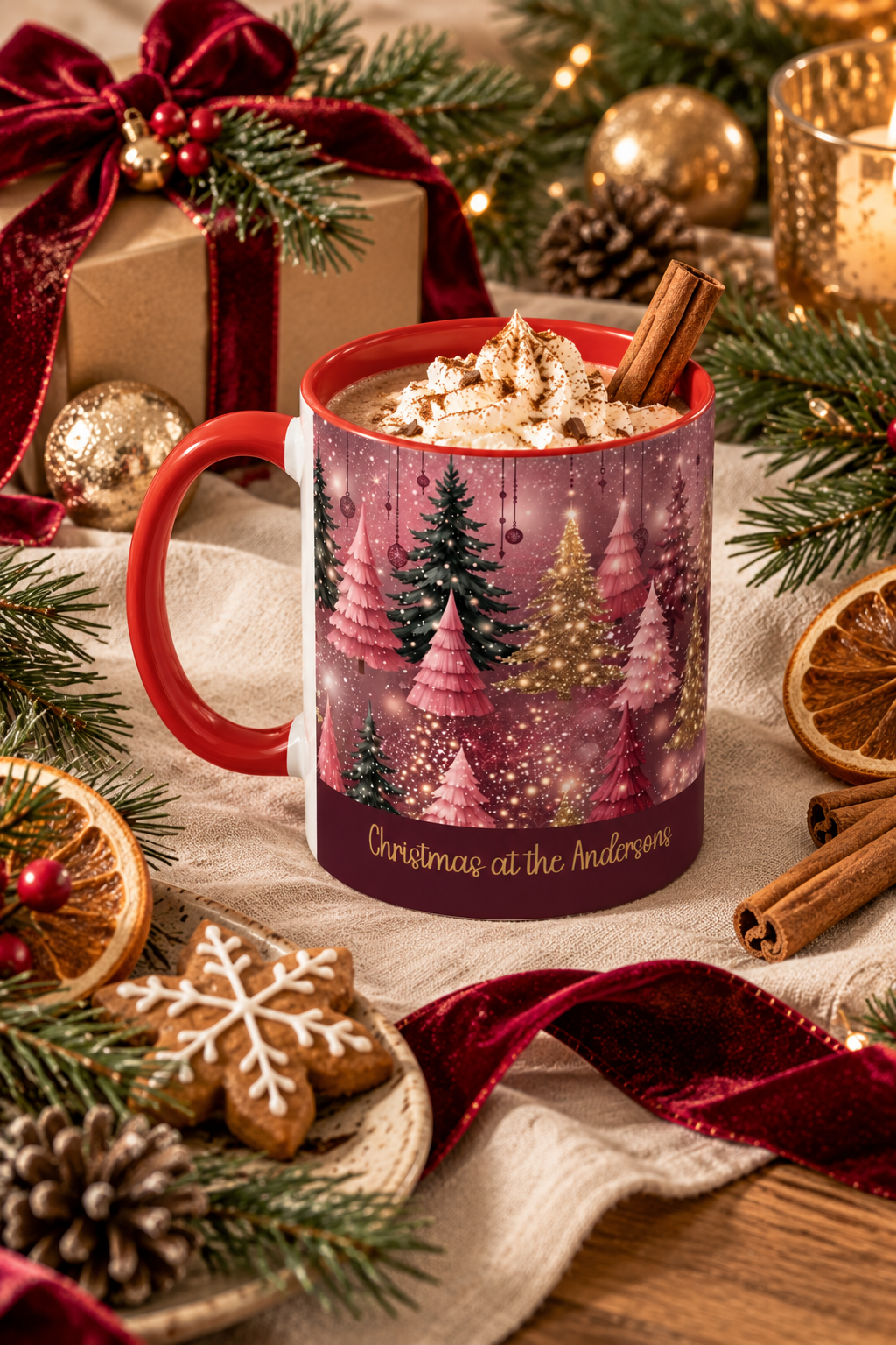 Red personalized Pink Christmas Forest mug with hot cocoa by the Christmas tree, lifestyle photo