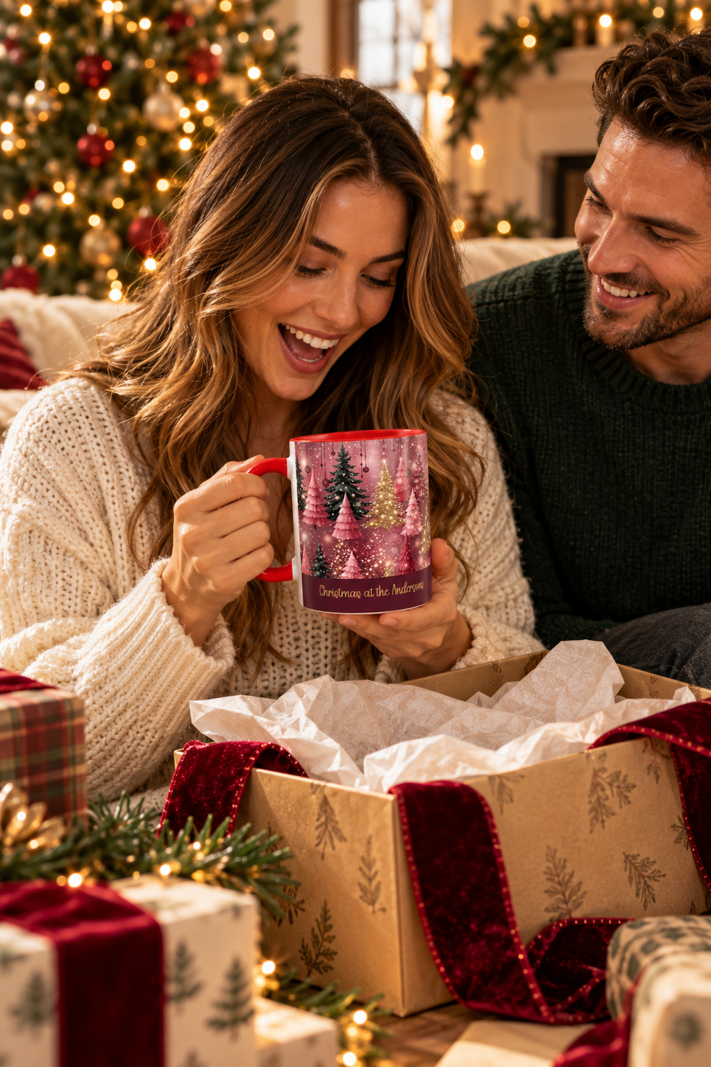 Red personalized Pink Christmas Forest mug being unwrapped as a Christmas gift, lifestyle photo