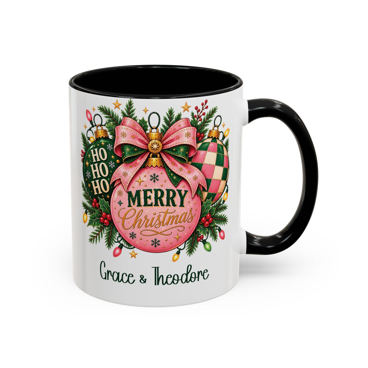 Black personalized Pink Merry Christmas Ornament mug, 11oz, design side with handle on the right