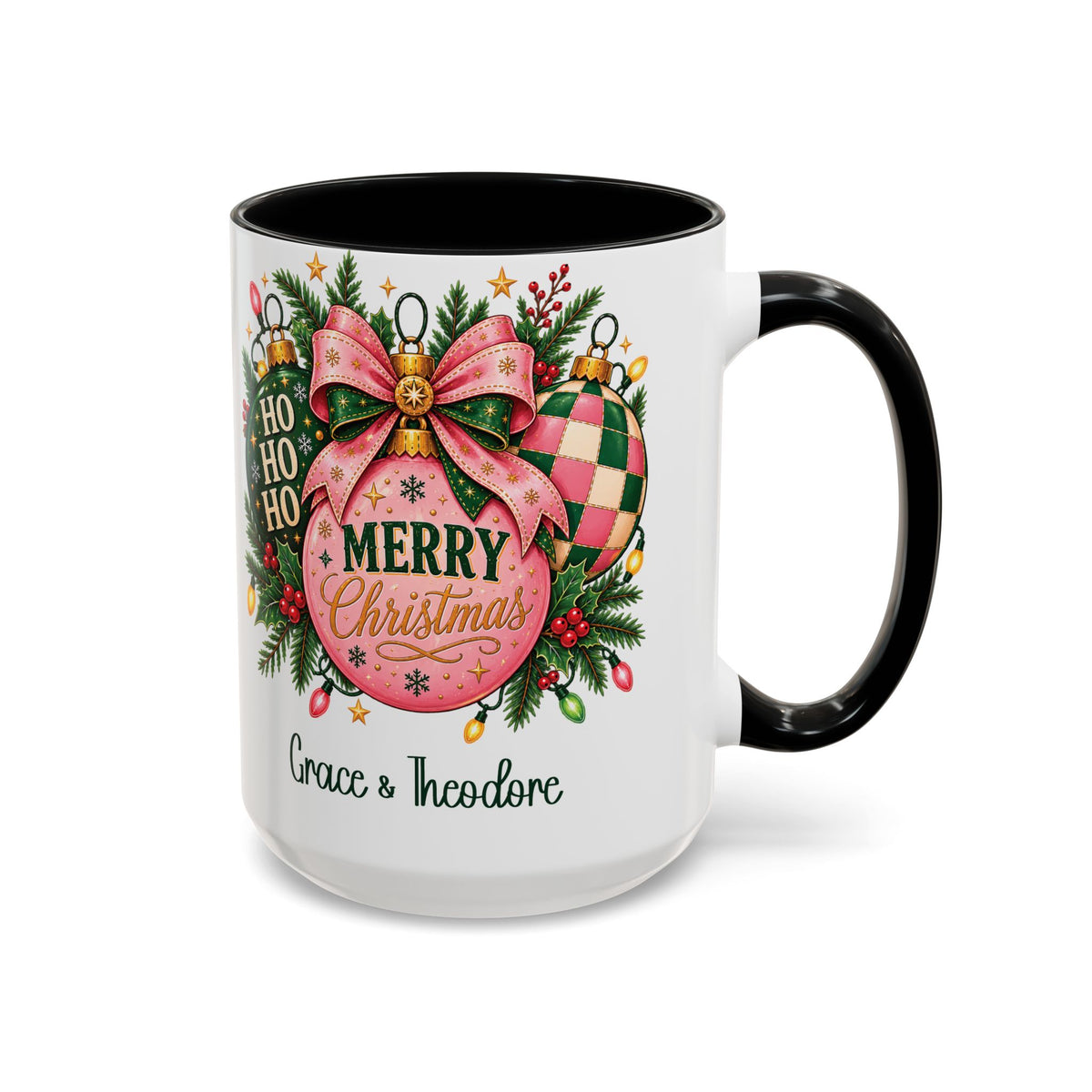Black personalized Pink Merry Christmas Ornament mug, 15oz, design side with handle on the right