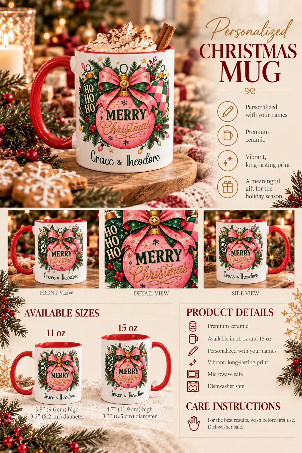 Personalized Pink Merry Christmas Ornament mug infographic with sizes, features and care instructions