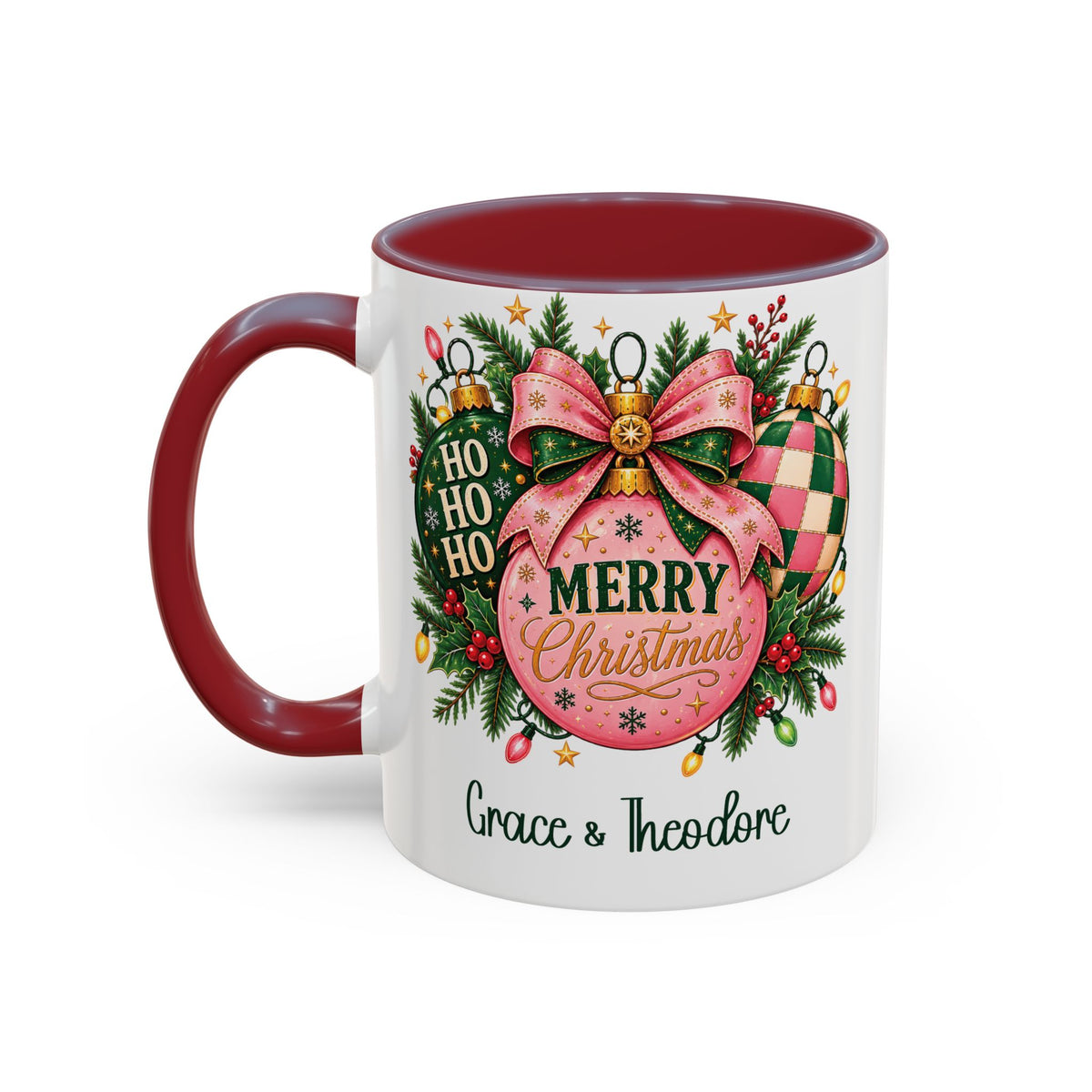 Maroon personalized Pink Merry Christmas Ornament mug, 11oz, design side with handle on the left