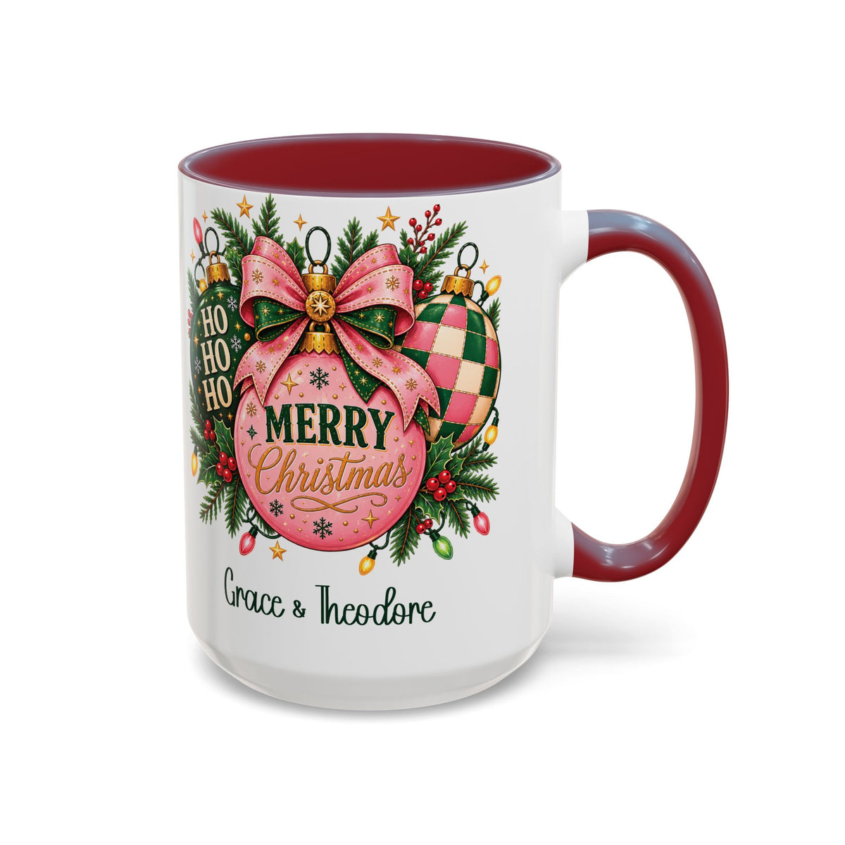 Maroon personalized Pink Merry Christmas Ornament mug, 15oz, design side with handle on the right