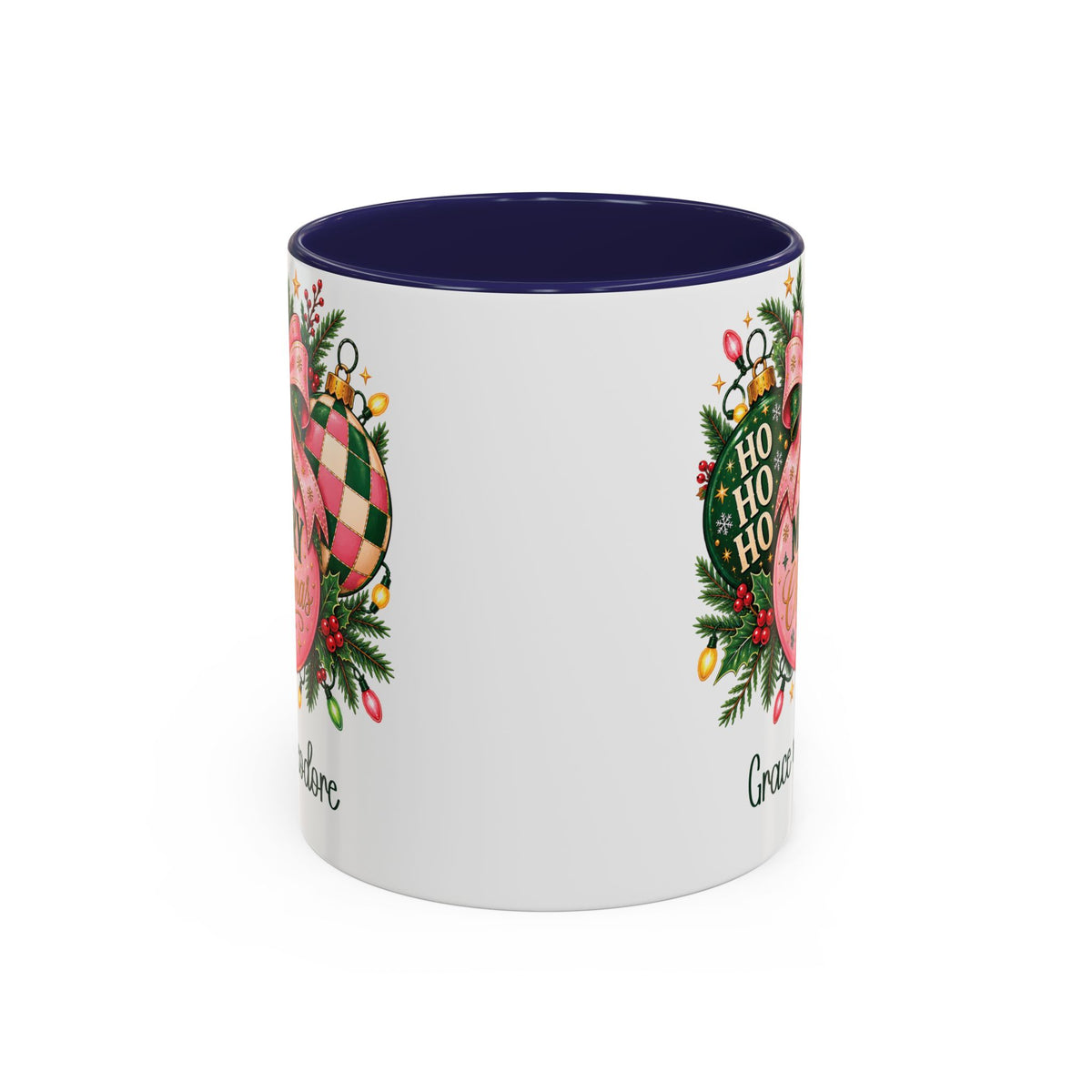 Navy personalized Pink Merry Christmas Ornament mug, 11oz, back view