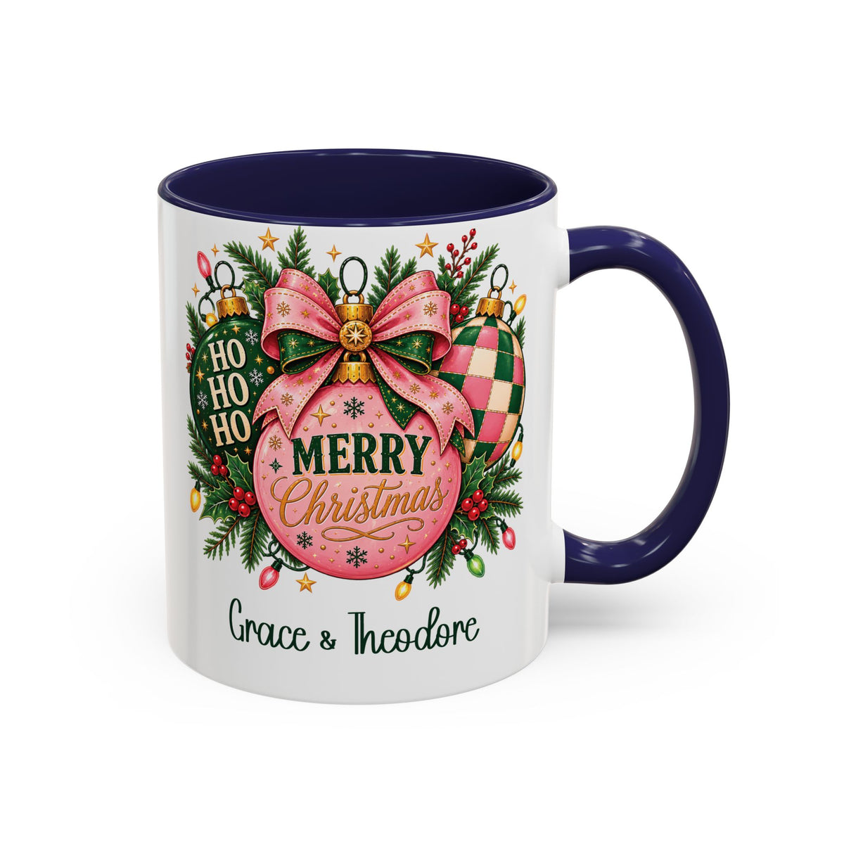Navy personalized Pink Merry Christmas Ornament mug, 11oz, design side with handle on the right