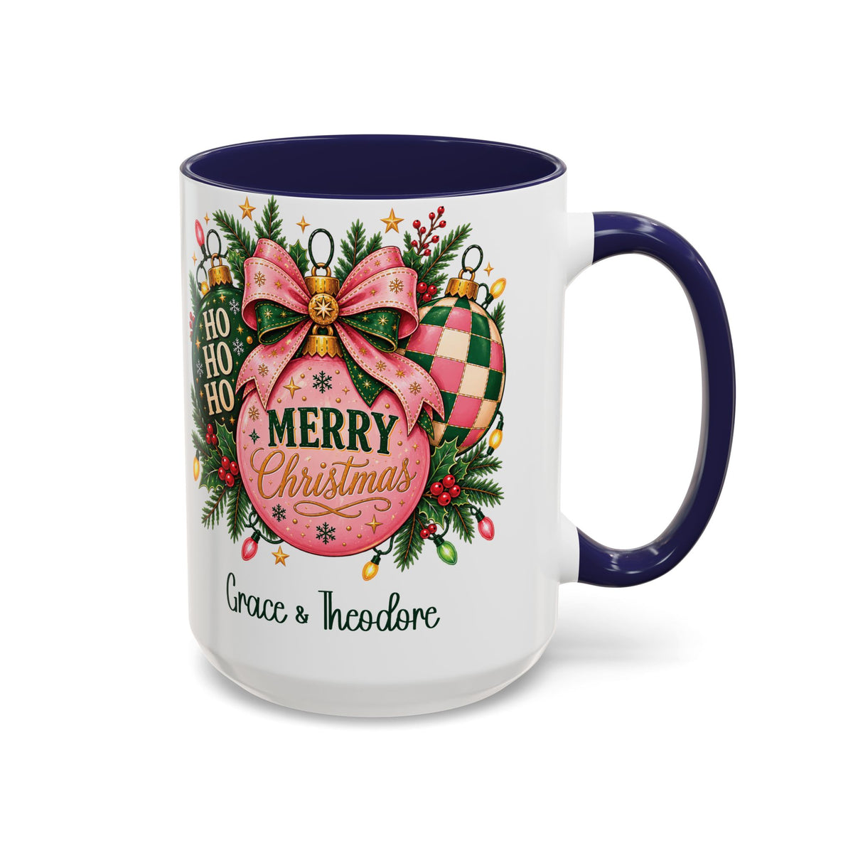 Navy personalized Pink Merry Christmas Ornament mug, 15oz, design side with handle on the right