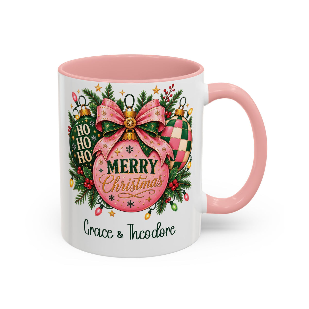 Pink personalized Pink Merry Christmas Ornament mug, 11oz, design side with handle on the right