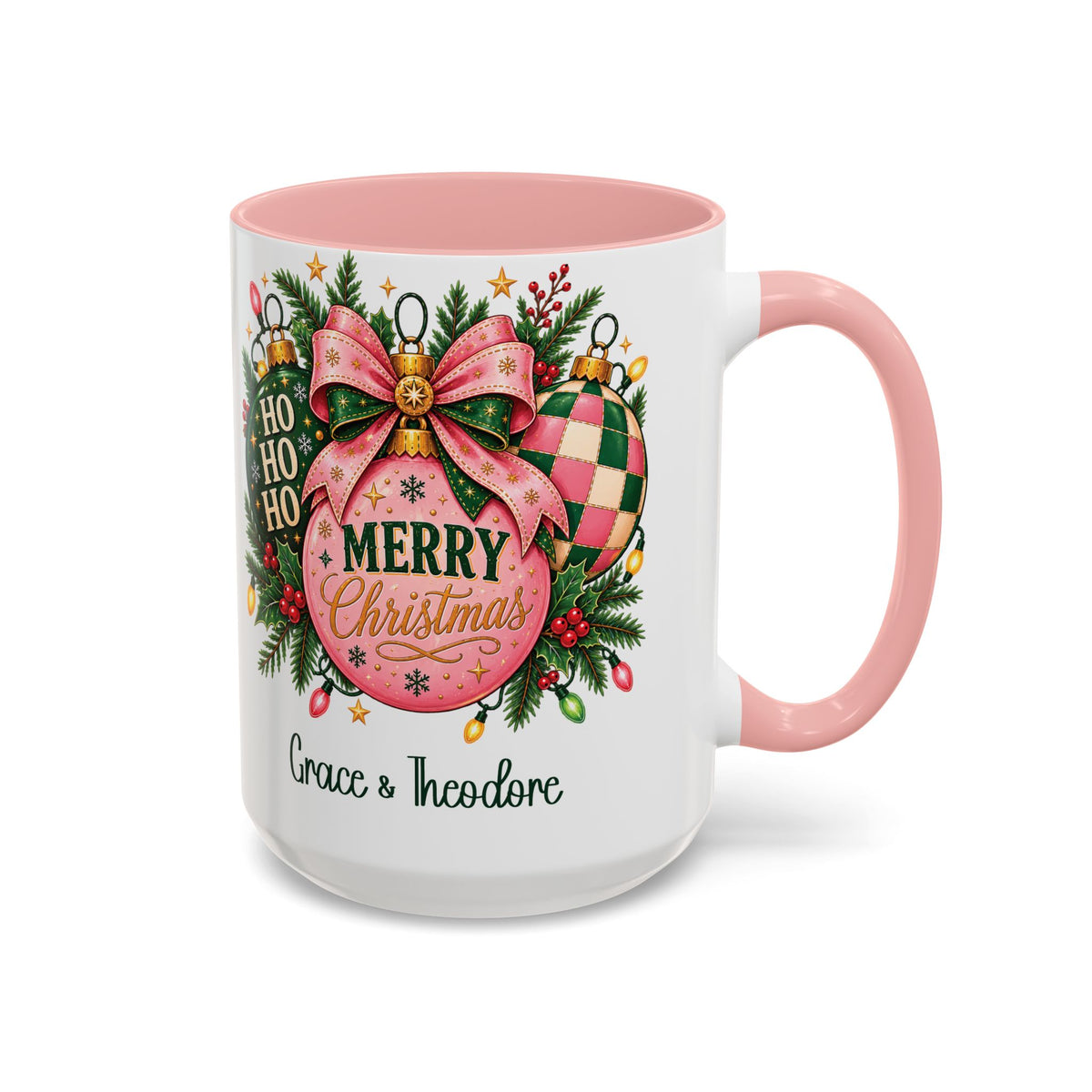 Pink personalized Pink Merry Christmas Ornament mug, 15oz, design side with handle on the right