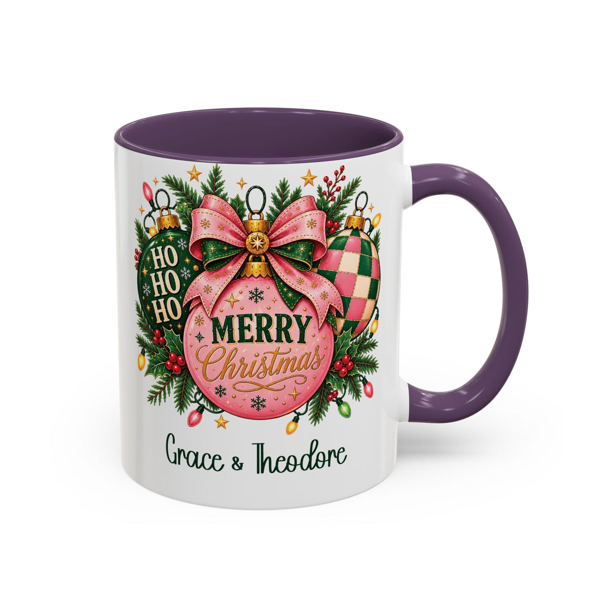 Purple personalized Pink Merry Christmas Ornament mug, 11oz, design side with handle on the right