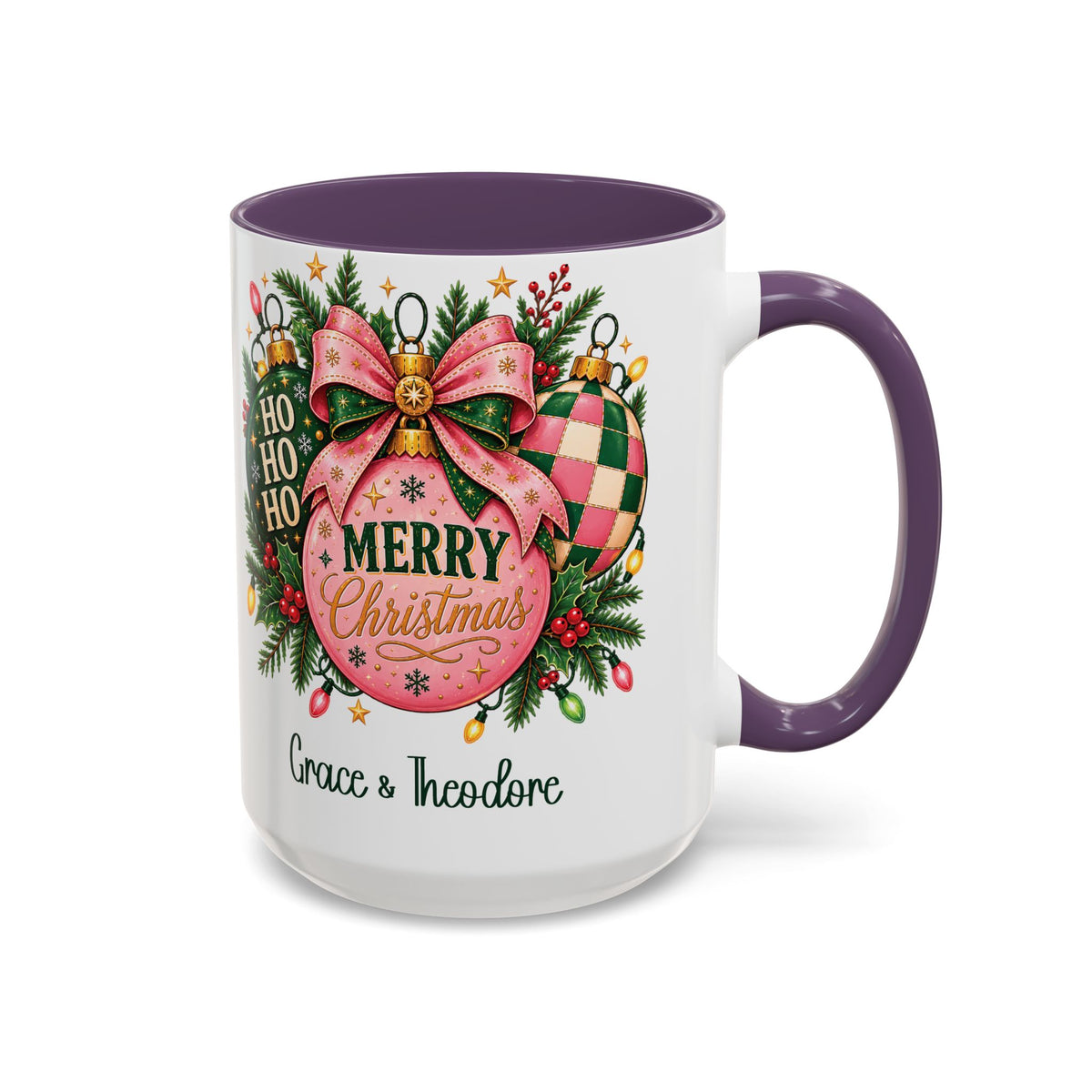 Purple personalized Pink Merry Christmas Ornament mug, 15oz, design side with handle on the right
