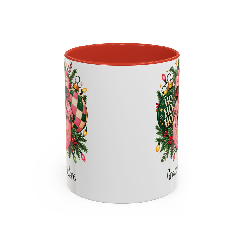 Red personalized Pink Merry Christmas Ornament mug, 11oz, back view