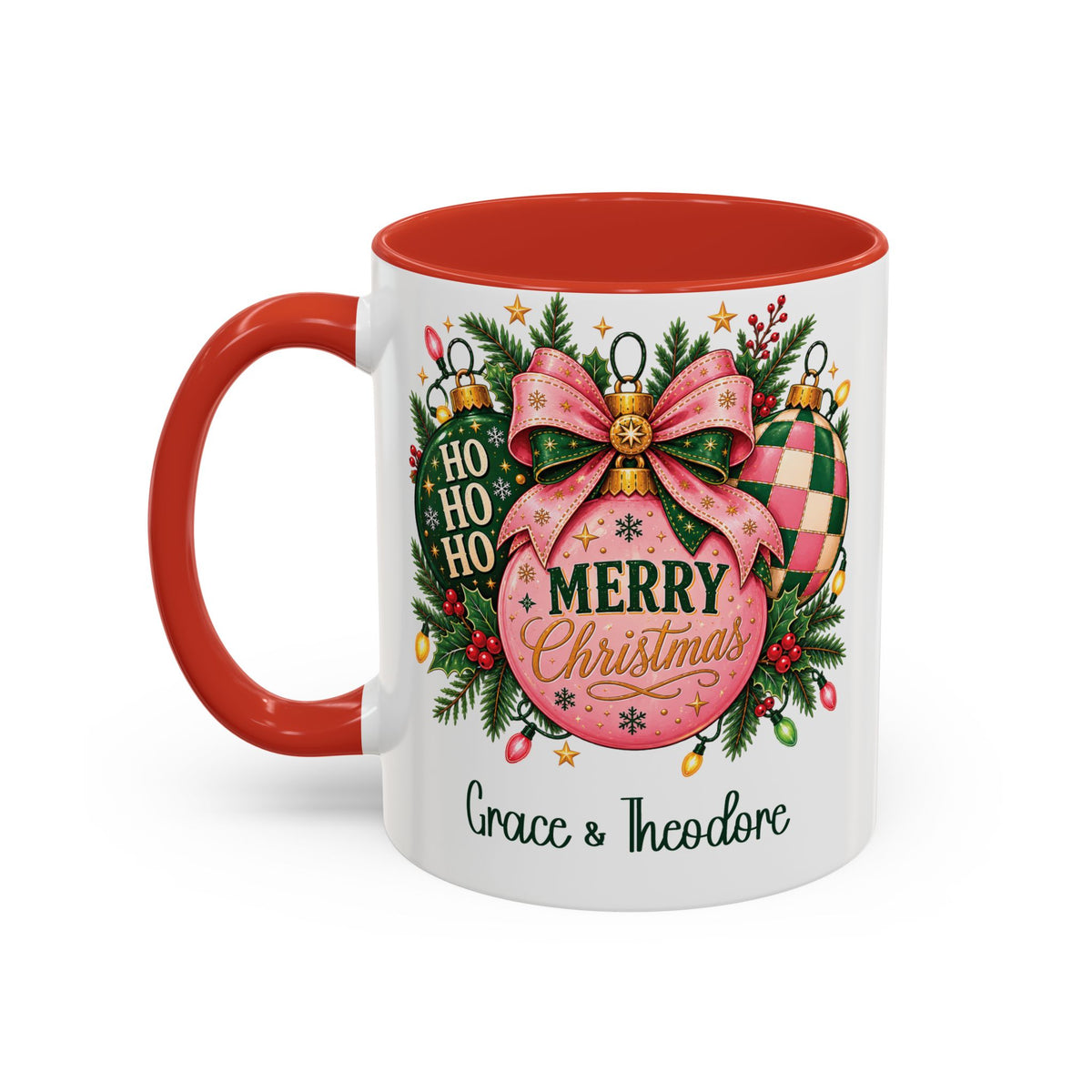 Red personalized Pink Merry Christmas Ornament mug, 11oz, design side with handle on the left