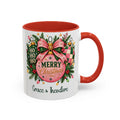 Red personalized Pink Merry Christmas Ornament mug, 11oz, design side with handle on the right