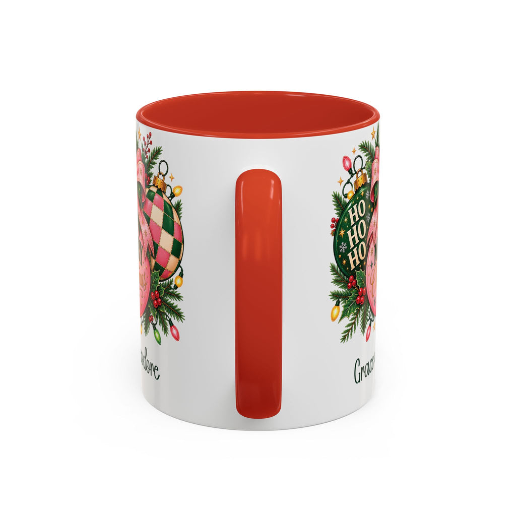 Red personalized Pink Merry Christmas Ornament mug, 11oz, handle view