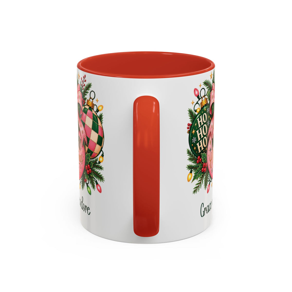 Red personalized Pink Merry Christmas Ornament mug, 11oz, handle view