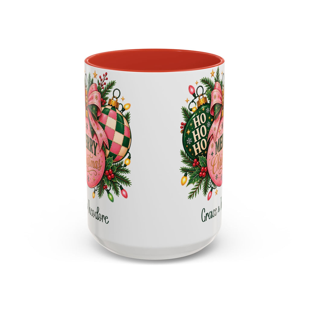 Red personalized Pink Merry Christmas Ornament mug, 15oz, back view