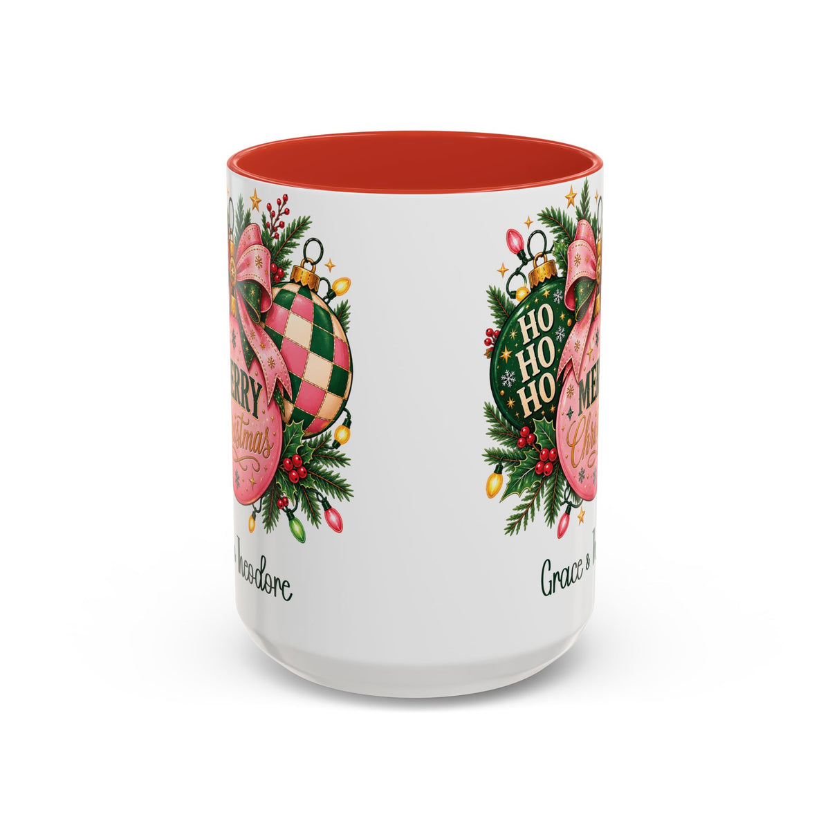 Red personalized Pink Merry Christmas Ornament mug, 15oz, back view