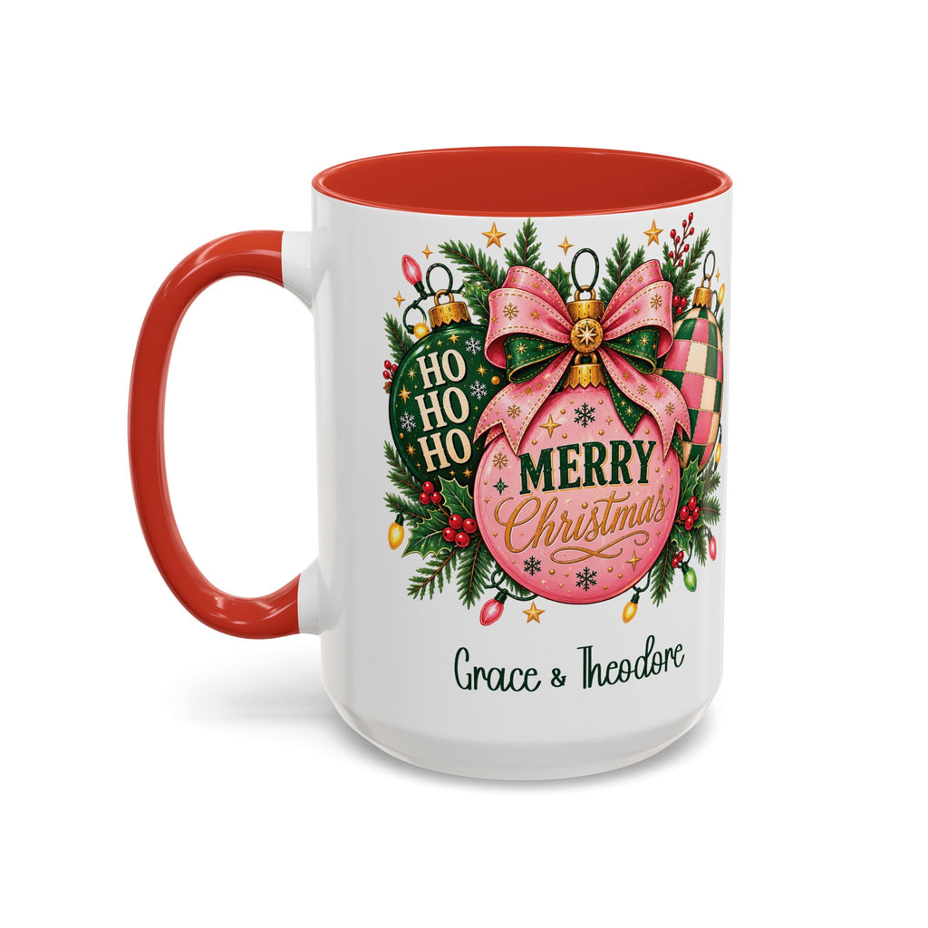 Red personalized Pink Merry Christmas Ornament mug, 15oz, design side with handle on the left