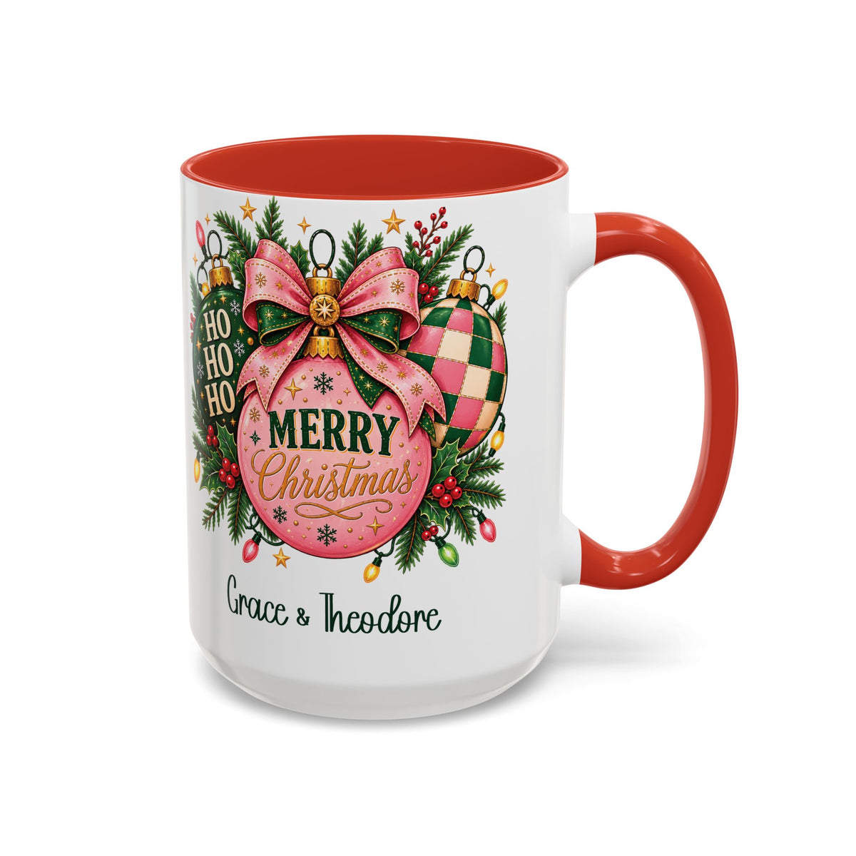 Red personalized Pink Merry Christmas Ornament mug, 15oz, design side with handle on the right