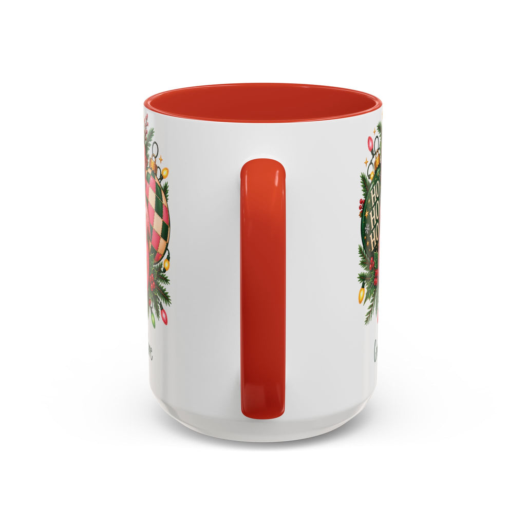 Red personalized Pink Merry Christmas Ornament mug, 15oz, handle view