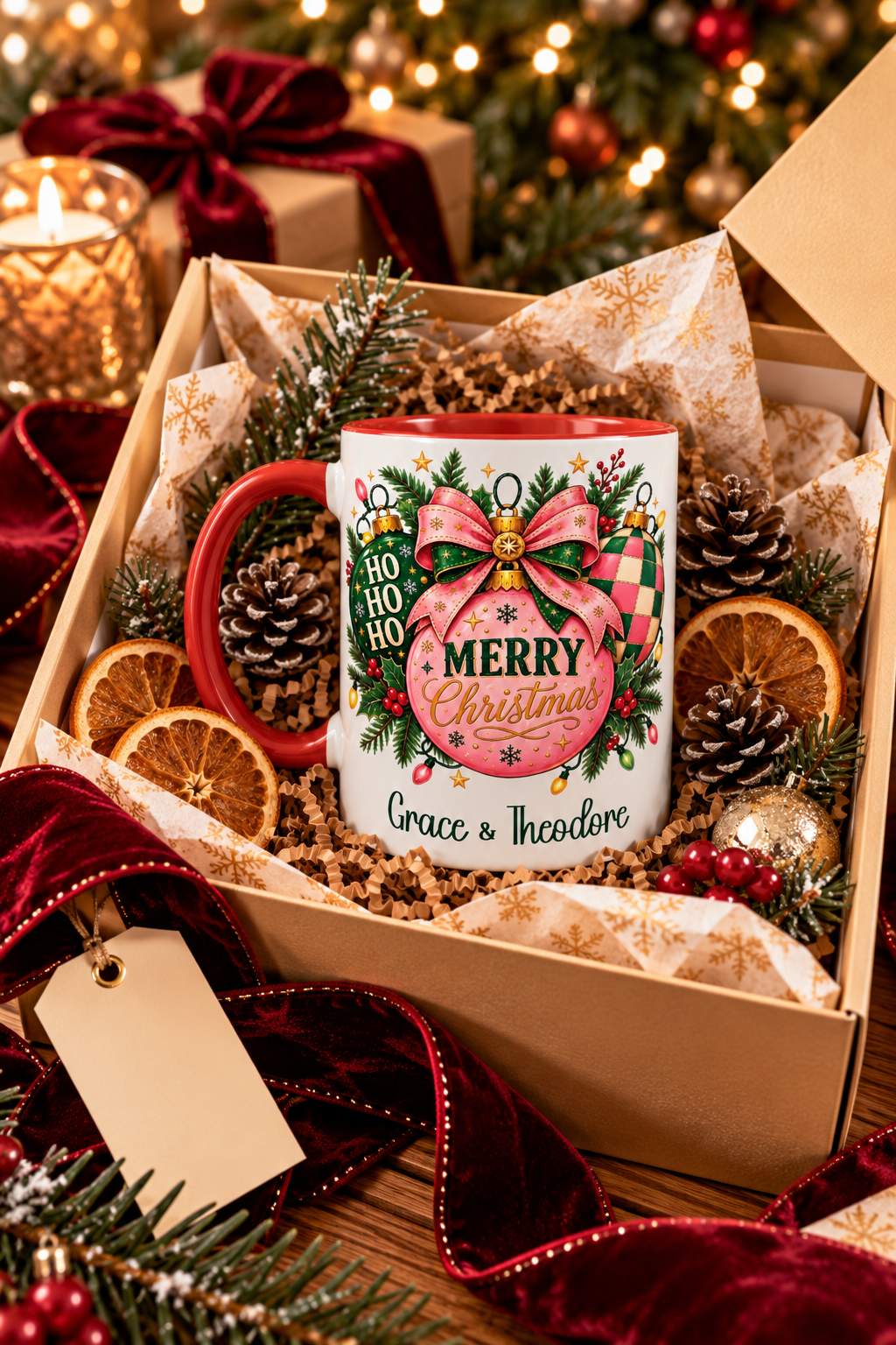Red personalized Pink Merry Christmas Ornament mug in a Christmas gift box, lifestyle photo