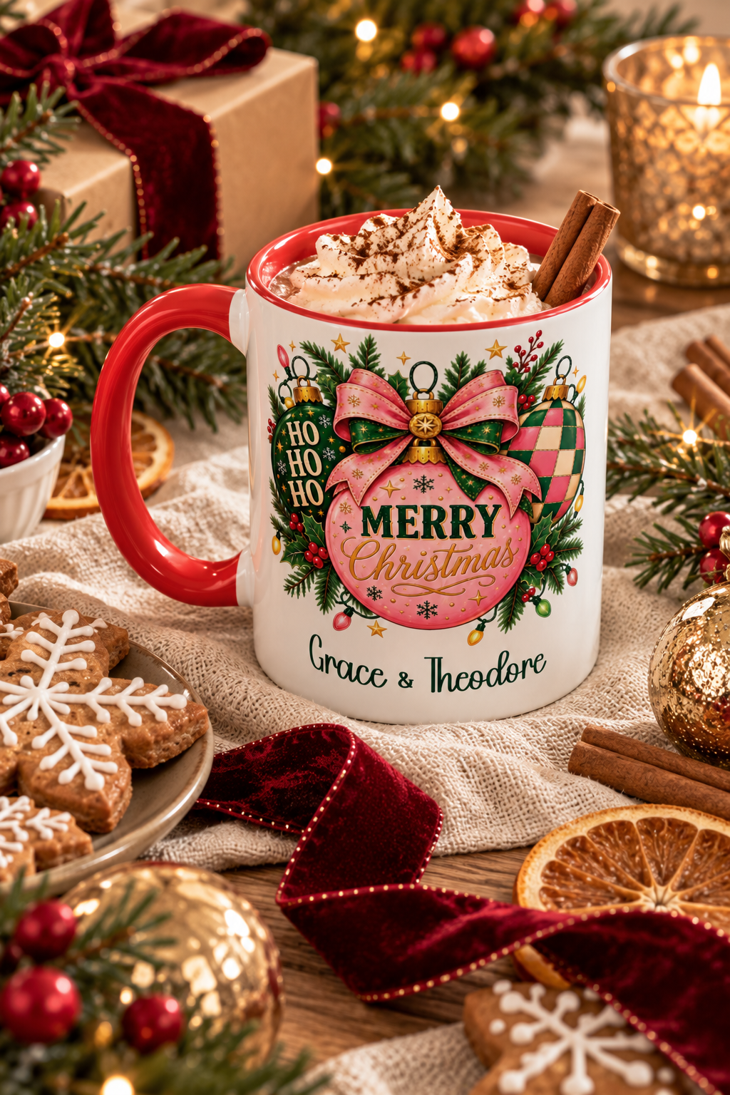 Red personalized Pink Merry Christmas Ornament mug with hot cocoa by the Christmas tree, lifestyle photo